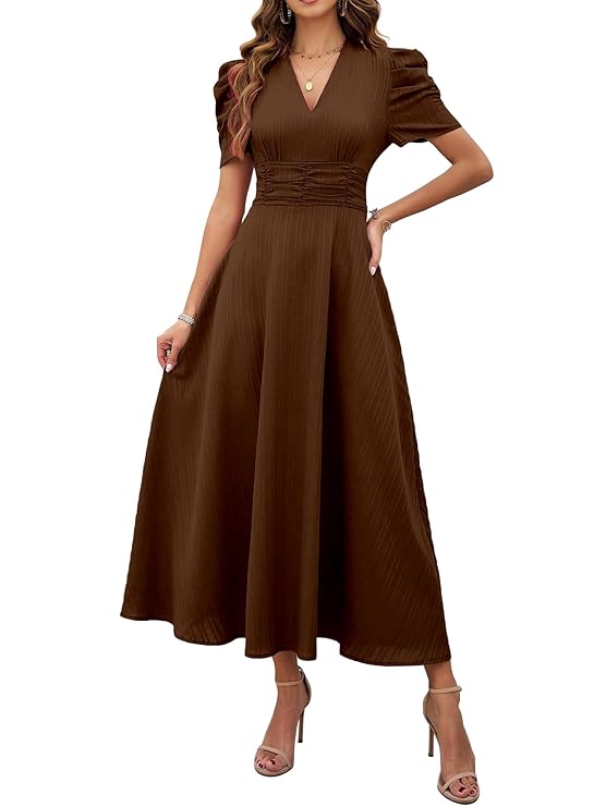 Solid Color V-Neck A-Line Maxi Dress for Women | Puff Sleeve Elegant Wear