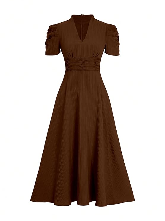 Solid Color V-Neck A-Line Maxi Dress for Women | Puff Sleeve Elegant Wear