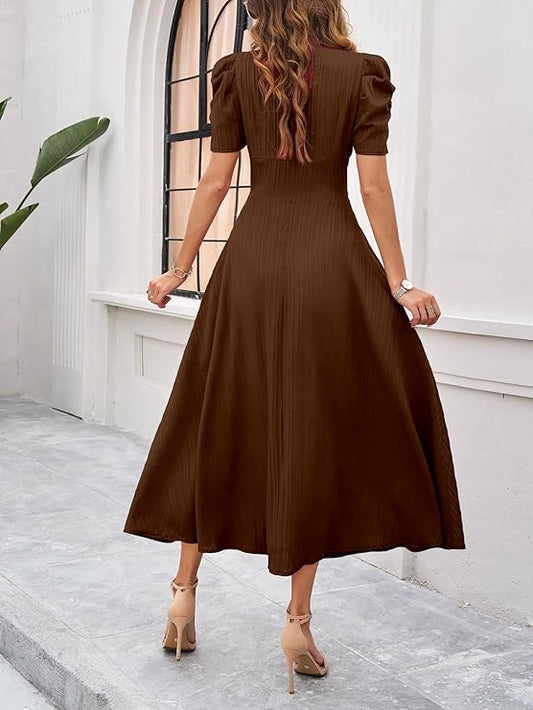 Solid Color V-Neck A-Line Maxi Dress for Women | Puff Sleeve Elegant Wear
